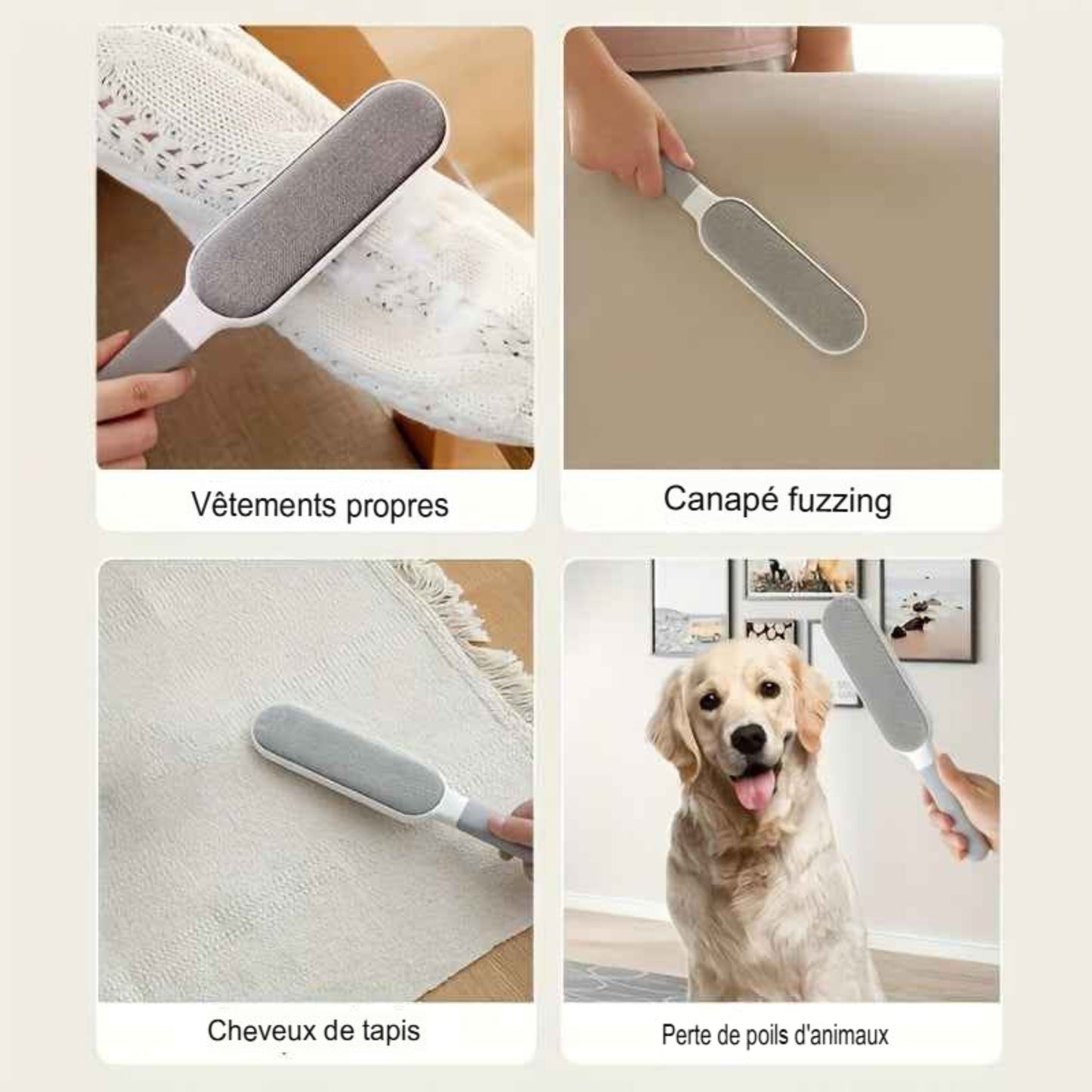 Brosse anti‑poils réutilisable double face. Anti‑statique, enlève les poils de chats et chiens sur vêtements, canapé, meubles, literie et tapis. Polypropylène durable, sans alimentation.