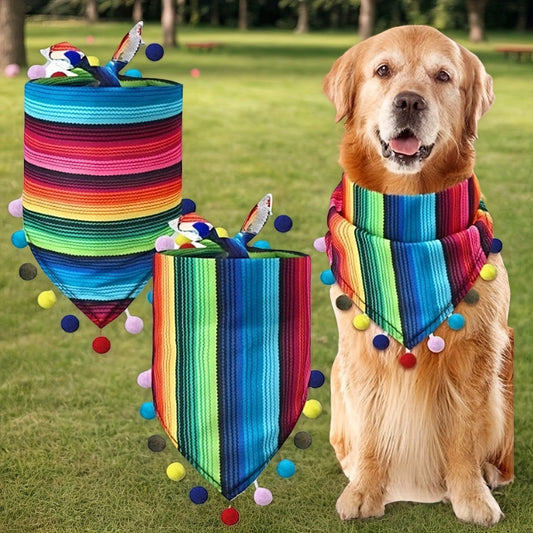 Bandana multicolore pour chien style Fiesta avec pompons, foulard triangulaire réglable