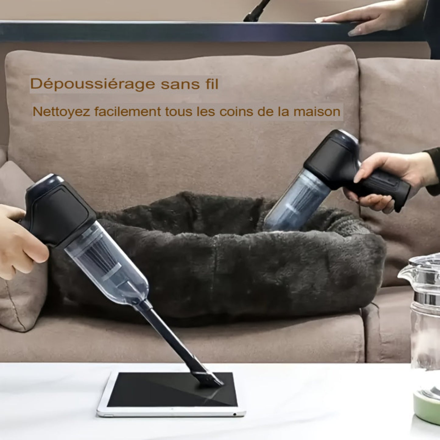 Aspirateur sans fil super puissant avec charge USB. Léger, 7 accessoires inclus, idéal pour sols durs, tapis et poils d’animaux. Rangement facile. Aspirateur domestique polyvalent.