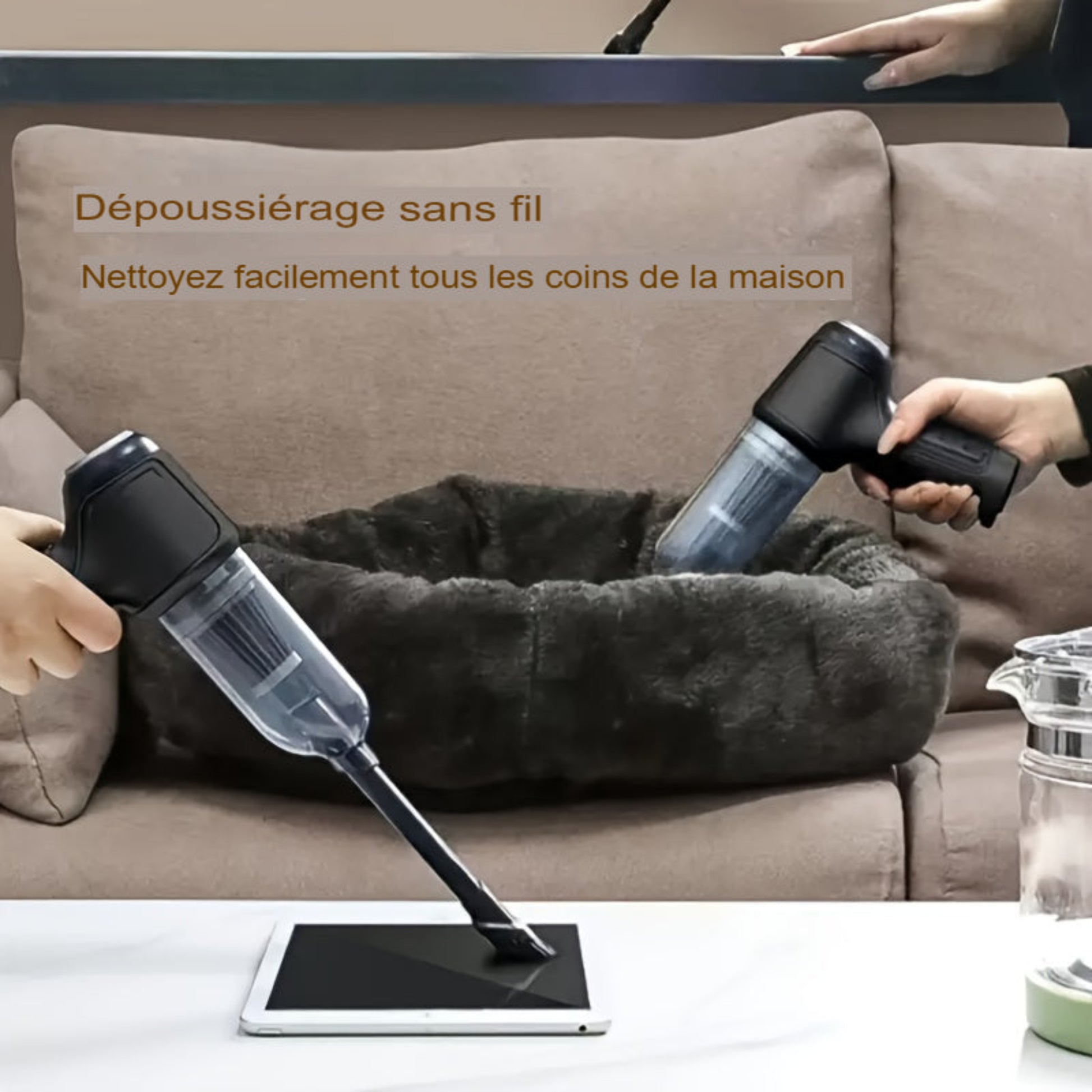 Aspirateur sans fil super puissant avec charge USB. Léger, 7 accessoires inclus, idéal pour sols durs, tapis et poils d’animaux. Rangement facile. Aspirateur domestique polyvalent.