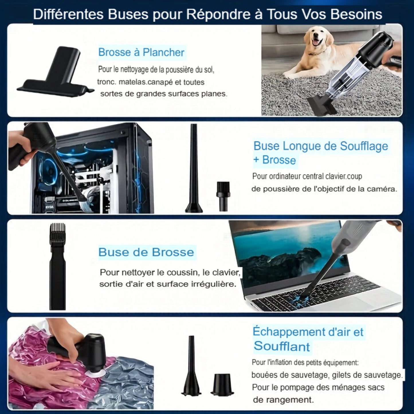 Aspirateur sans fil super puissant avec charge USB. Léger, 7 accessoires inclus, idéal pour sols durs, tapis et poils d’animaux. Rangement facile. Aspirateur domestique polyvalent.