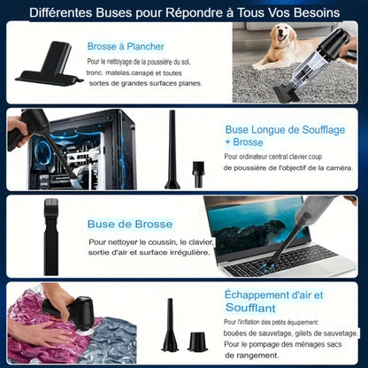 Aspirateur sans fil super puissant avec charge USB. Léger, 7 accessoires inclus, idéal pour sols durs, tapis et poils d’animaux. Rangement facile. Aspirateur domestique polyvalent.