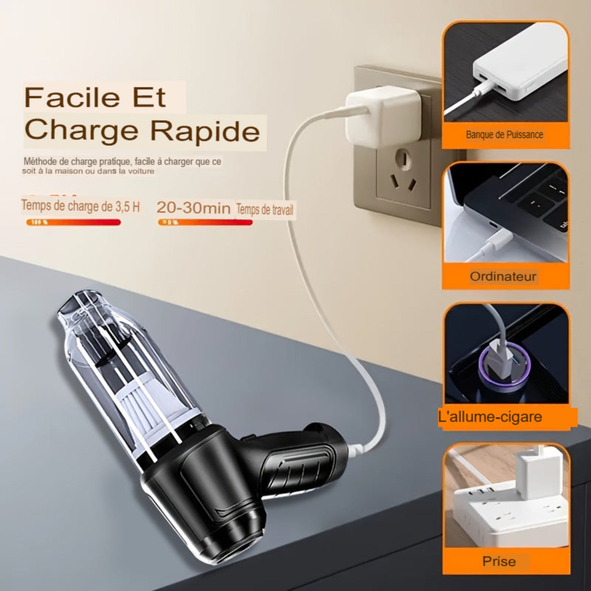 Aspirateur sans fil super puissant avec charge USB. Léger, 7 accessoires inclus, idéal pour sols durs, tapis et poils d’animaux. Rangement facile. Aspirateur domestique polyvalent.