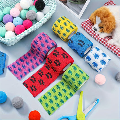 Lot de 6 bandages auto‑adhésifs respirants, couleurs assorties. Faciles à déchirer, sans résidu, idéals pour chiens, chats, chevaux et usage sportif.