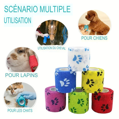 Lot de 6 bandages auto‑adhésifs respirants, couleurs assorties. Faciles à déchirer, sans résidu, idéals pour chiens, chats, chevaux et usage sportif.