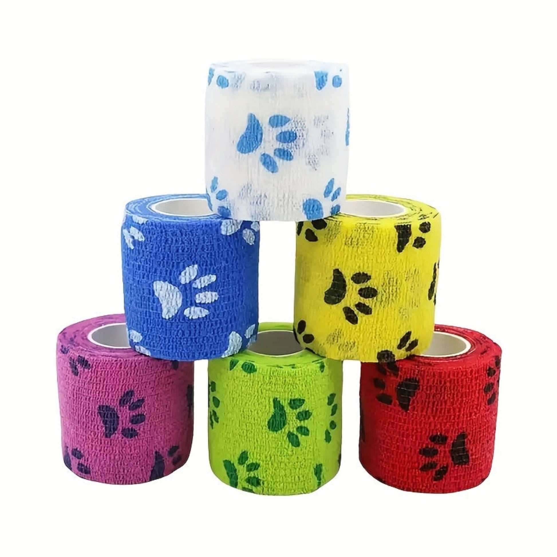 Lot de 6 bandages auto‑adhésifs respirants, couleurs assorties. Faciles à déchirer, sans résidu, idéals pour chiens, chats, chevaux et usage sportif.