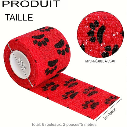 Lot de 6 bandages auto‑adhésifs respirants, couleurs assorties. Faciles à déchirer, sans résidu, idéals pour chiens, chats, chevaux et usage sportif.