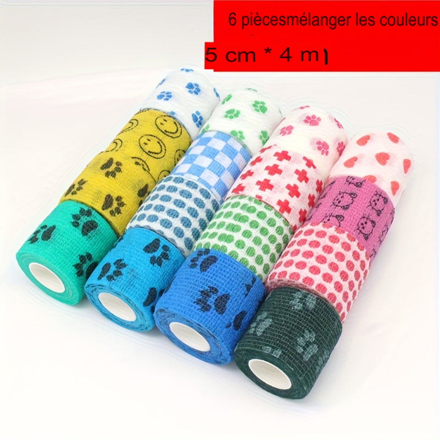 Lot de 6 bandages auto‑adhésifs respirants, couleurs assorties. Faciles à déchirer, sans résidu, idéals pour chiens, chats, chevaux et usage sportif.