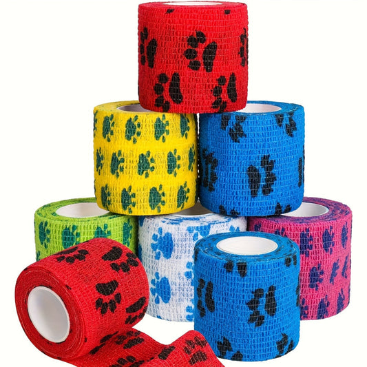 Lot de 6 bandages auto‑adhésifs respirants, couleurs assorties. Faciles à déchirer, sans résidu, idéals pour chiens, chats, chevaux et usage sportif.