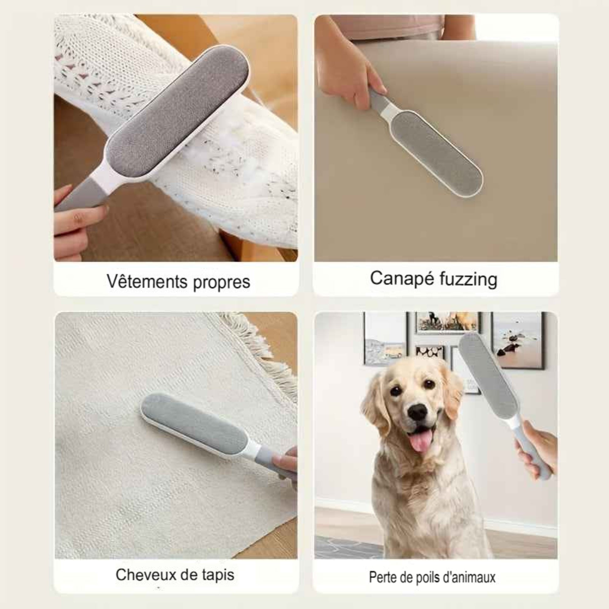Brosse anti‑poils réutilisable double face. Anti‑statique, enlève les poils de chats et chiens sur vêtements, canapé, meubles, literie et tapis. Polypropylène durable, sans alimentation.