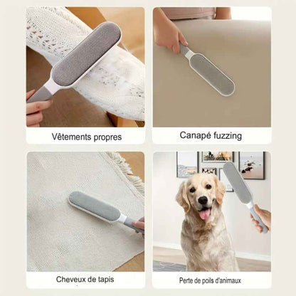 Brosse anti‑poils réutilisable double face. Anti‑statique, enlève les poils de chats et chiens sur vêtements, canapé, meubles, literie et tapis. Polypropylène durable, sans alimentation.