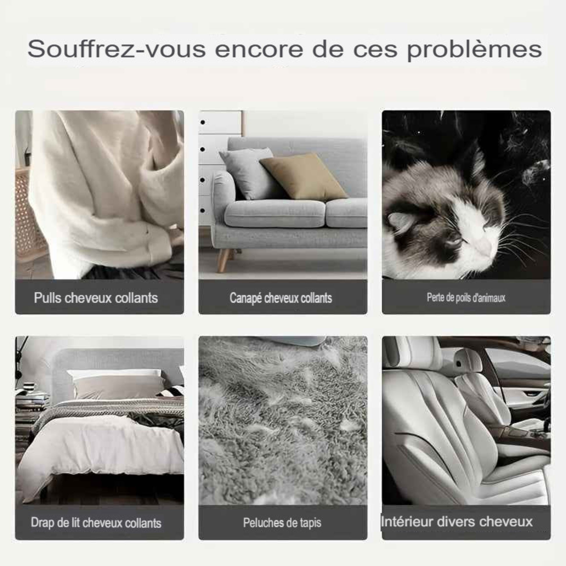 Brosse anti‑poils réutilisable double face. Anti‑statique, enlève les poils de chats et chiens sur vêtements, canapé, meubles, literie et tapis. Polypropylène durable, sans alimentation.