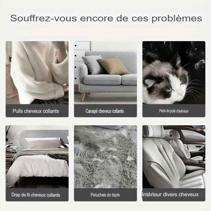 Brosse anti‑poils réutilisable double face. Anti‑statique, enlève les poils de chats et chiens sur vêtements, canapé, meubles, literie et tapis. Polypropylène durable, sans alimentation.