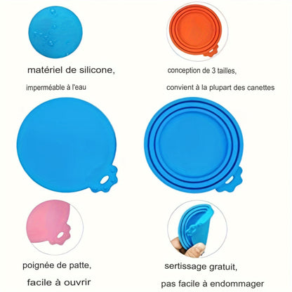 Couvercles en silicone pour aliments pour animaux, 2/3 pièces avec cuillère. S’adaptent aux boîtes, gardent la fraîcheur, idéals pour nourriture de chats et chiens