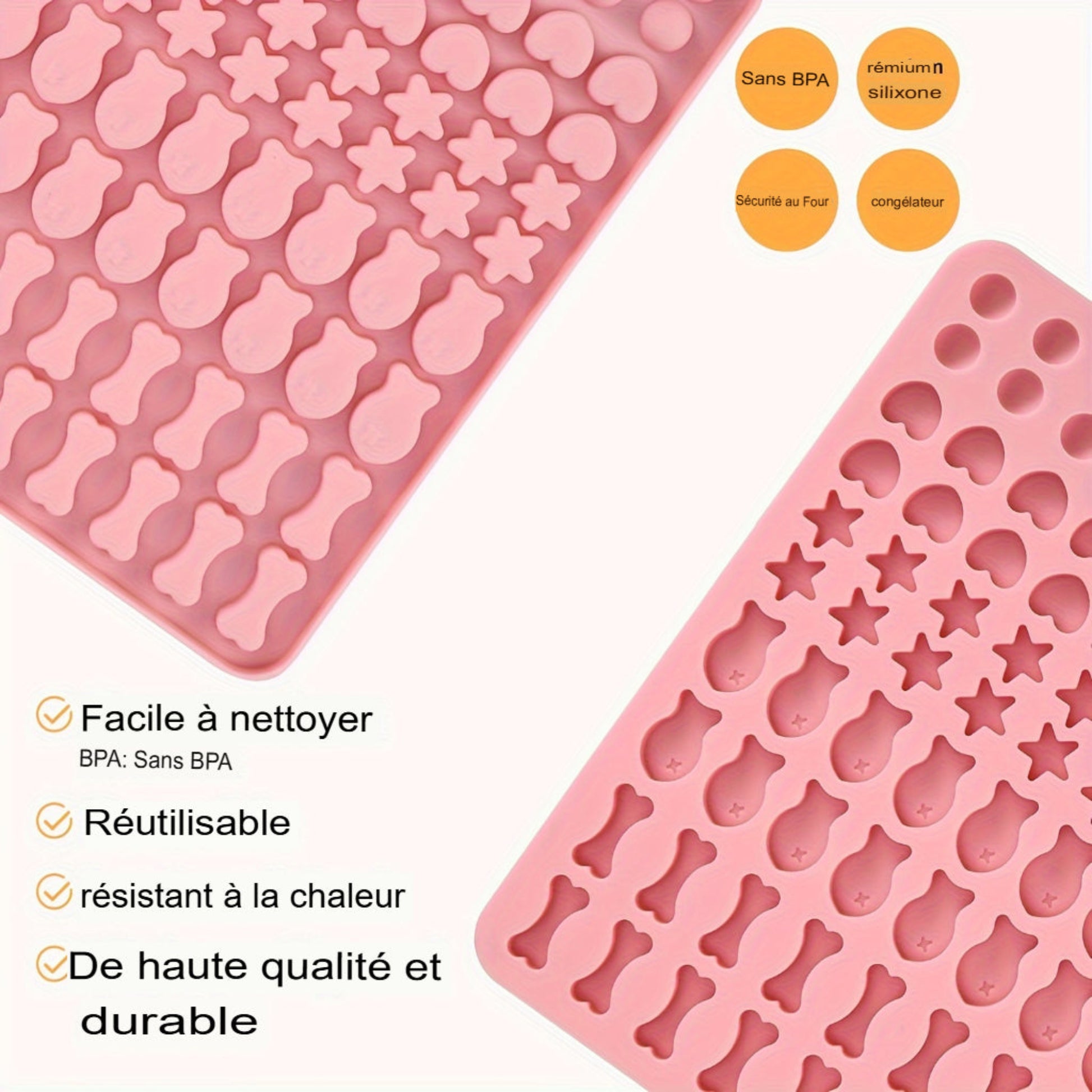 Lot de 2 moules en silicone pour friandises pour chiens. Tapis de cuisson avec 5 formes et 130 empreintes. Idéal biscuits, snacks et friandises maison. Silicone alimentaire.