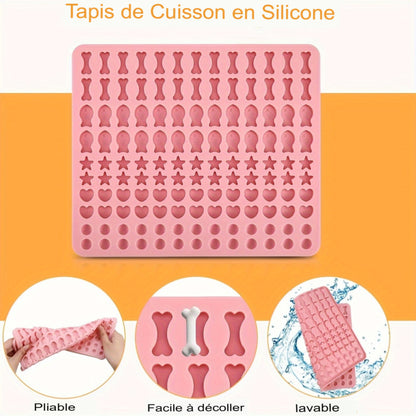 Lot de 2 moules en silicone pour friandises pour chiens. Tapis de cuisson avec 5 formes et 130 empreintes. Idéal biscuits, snacks et friandises maison. Silicone alimentaire.