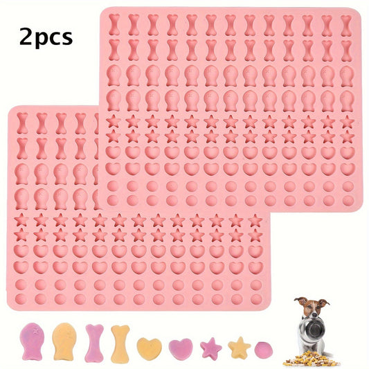 Lot de 2 moules en silicone pour friandises pour chiens. Tapis de cuisson avec 5 formes et 130 empreintes. Idéal biscuits, snacks et friandises maison. Silicone alimentaire.