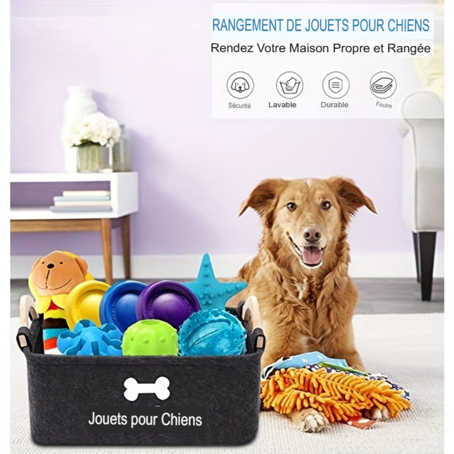 Panier de rangement pliable FeltPaws pour animaux. Poignée robuste, feutre durable, facile à nettoyer. Idéal pour jouets, vêtements, accessoires et produits de toilettage.
