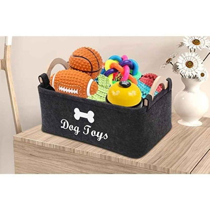 Panier de rangement pliable FeltPaws pour animaux. Poignée robuste, feutre durable, facile à nettoyer. Idéal pour jouets, vêtements, accessoires et produits de toilettage.