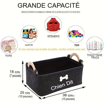 Panier de rangement pliable FeltPaws pour animaux. Poignée robuste, feutre durable, facile à nettoyer. Idéal pour jouets, vêtements, accessoires et produits de toilettage.
