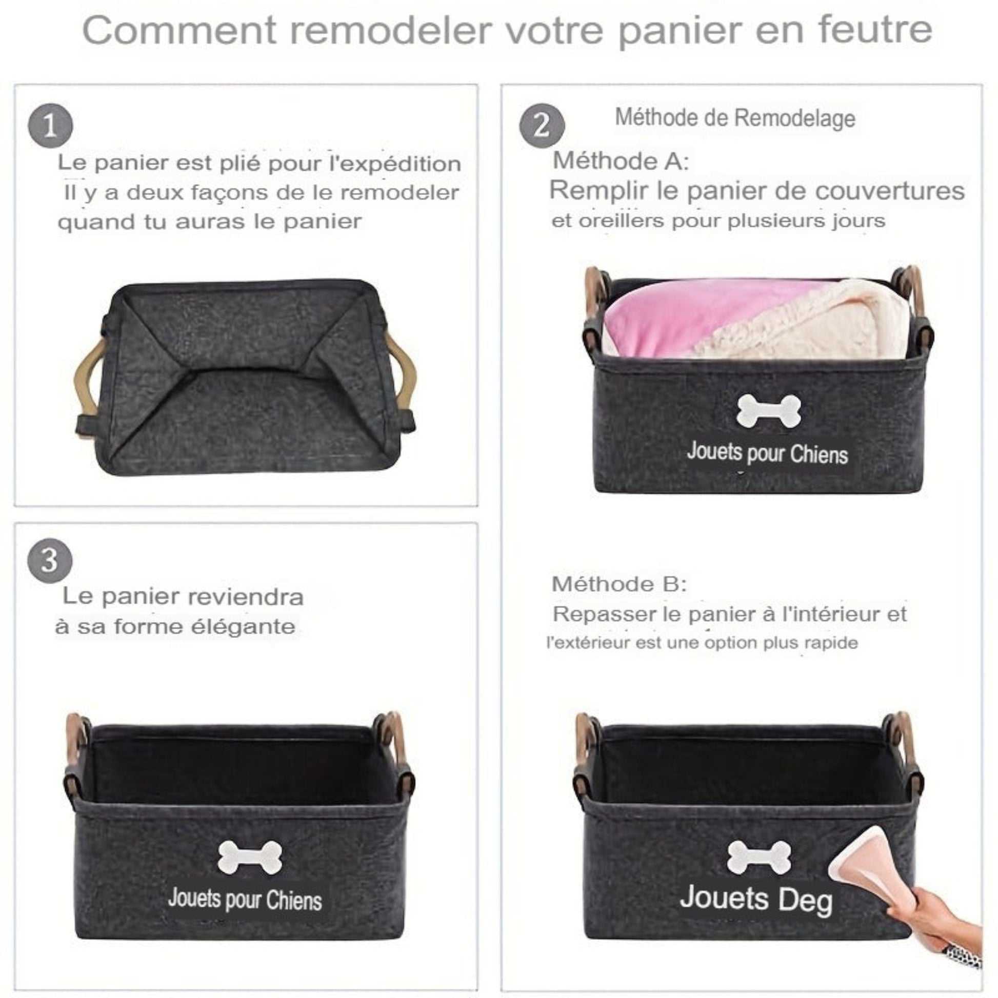 Panier de rangement pliable FeltPaws pour animaux. Poignée robuste, feutre durable, facile à nettoyer. Idéal pour jouets, vêtements, accessoires et produits de toilettage.