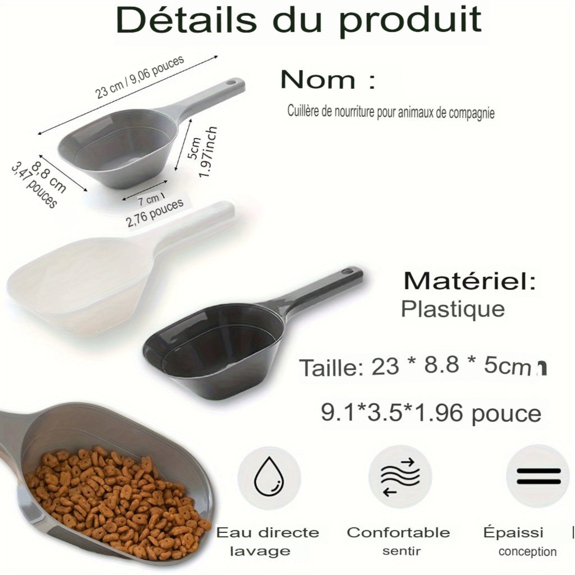 Pelle à croquettes grand format en plastique résistant. Cuillère d’alimentation durable, facile à utiliser, idéale pour chiens et chats. Parfaite pour doser et servir les repas