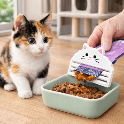 Presse‑aliments pour chat et chien. Presse efficacement les sachets, évite le gaspillage, facile à nettoyer, sans pile, compatible avec tous types de sachets alimentaires.