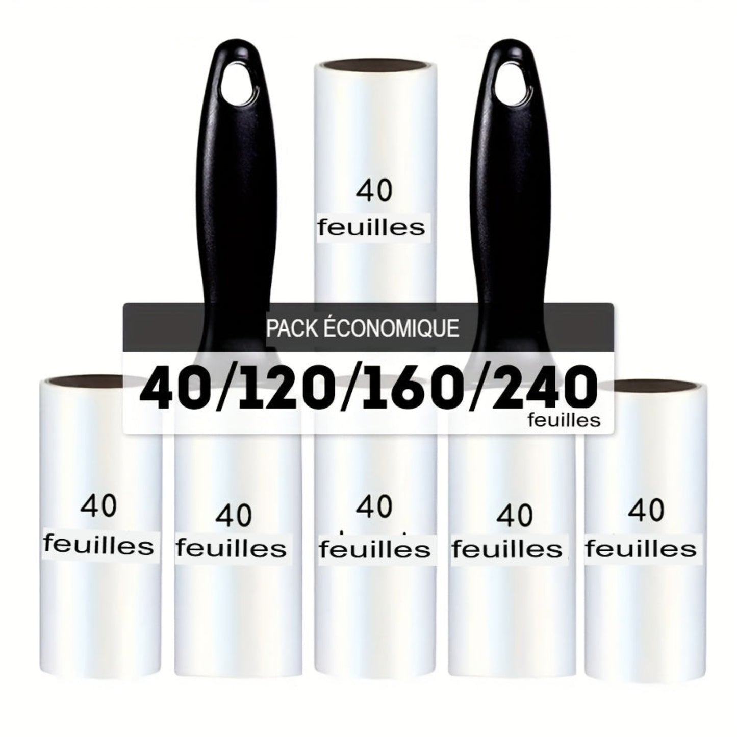 Rouleau anti‑peluches extra adhésif avec recharges 40/120/160/240 feuilles. Retire poils de chien et chat sur vêtements, meubles et tapis. Portable et facile à utiliser.