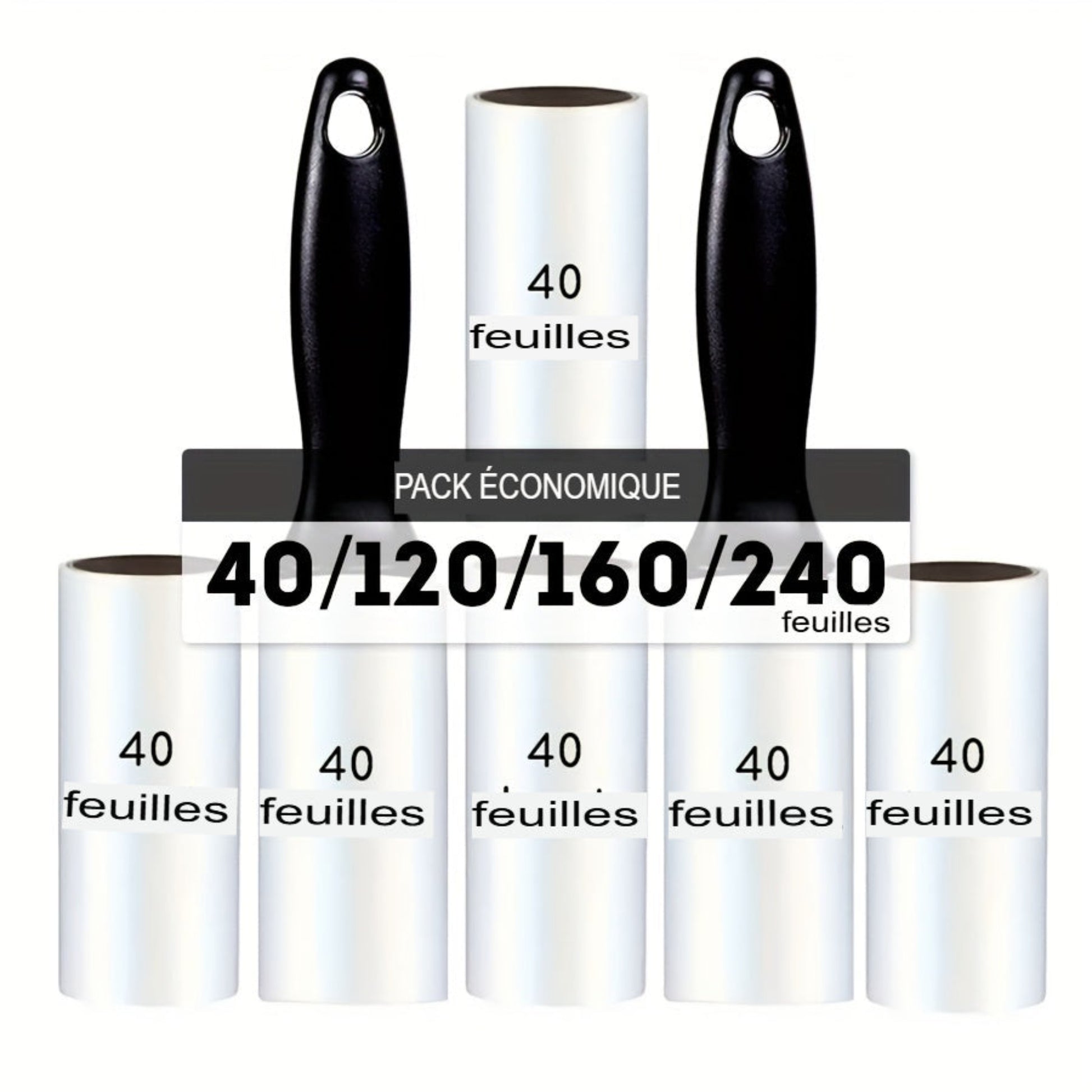 Rouleau anti‑peluches extra adhésif avec recharges 40/120/160/240 feuilles. Retire poils de chien et chat sur vêtements, meubles et tapis. Portable et facile à utiliser.