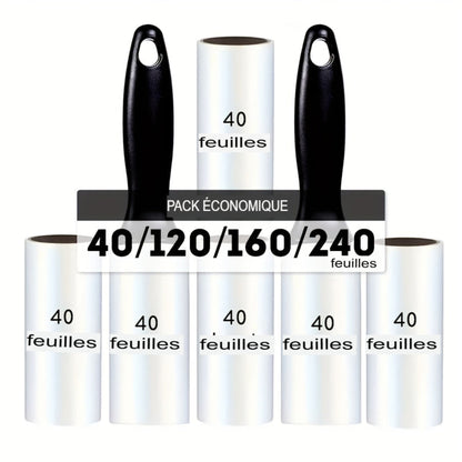 Rouleau anti‑peluches extra adhésif avec recharges 40/120/160/240 feuilles. Retire poils de chien et chat sur vêtements, meubles et tapis. Portable et facile à utiliser.