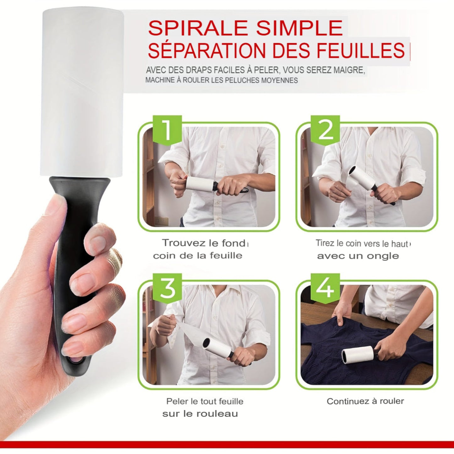 Rouleau anti‑peluches extra adhésif avec recharges 40/120/160/240 feuilles. Retire poils de chien et chat sur vêtements, meubles et tapis. Portable et facile à utiliser.