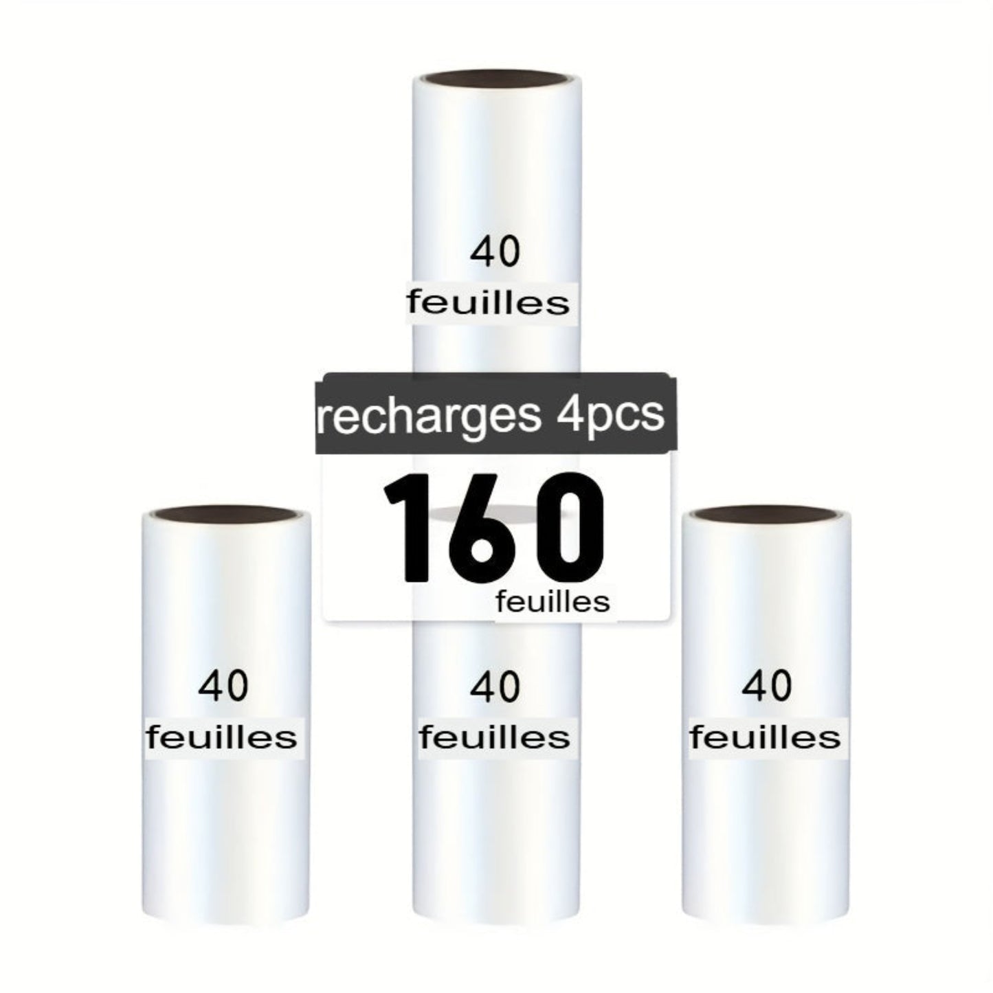 Rouleau anti‑peluches extra adhésif avec recharges 40/120/160/240 feuilles. Retire poils de chien et chat sur vêtements, meubles et tapis. Portable et facile à utiliser.