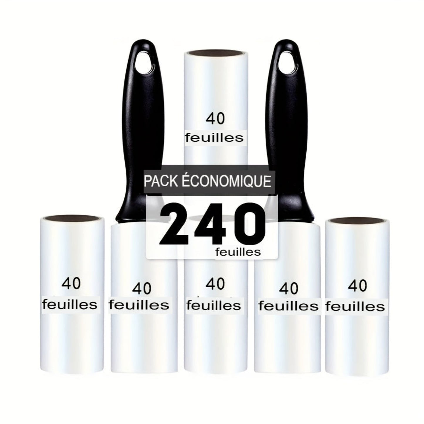 Rouleau anti‑peluches extra adhésif avec recharges 40/120/160/240 feuilles. Retire poils de chien et chat sur vêtements, meubles et tapis. Portable et facile à utiliser.
