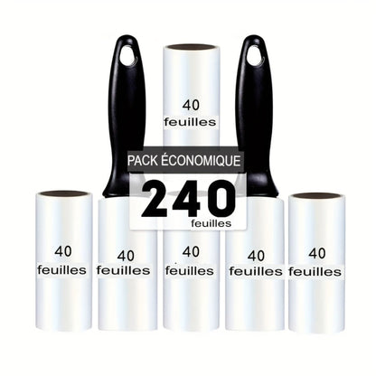Rouleau anti‑peluches extra adhésif avec recharges 40/120/160/240 feuilles. Retire poils de chien et chat sur vêtements, meubles et tapis. Portable et facile à utiliser.