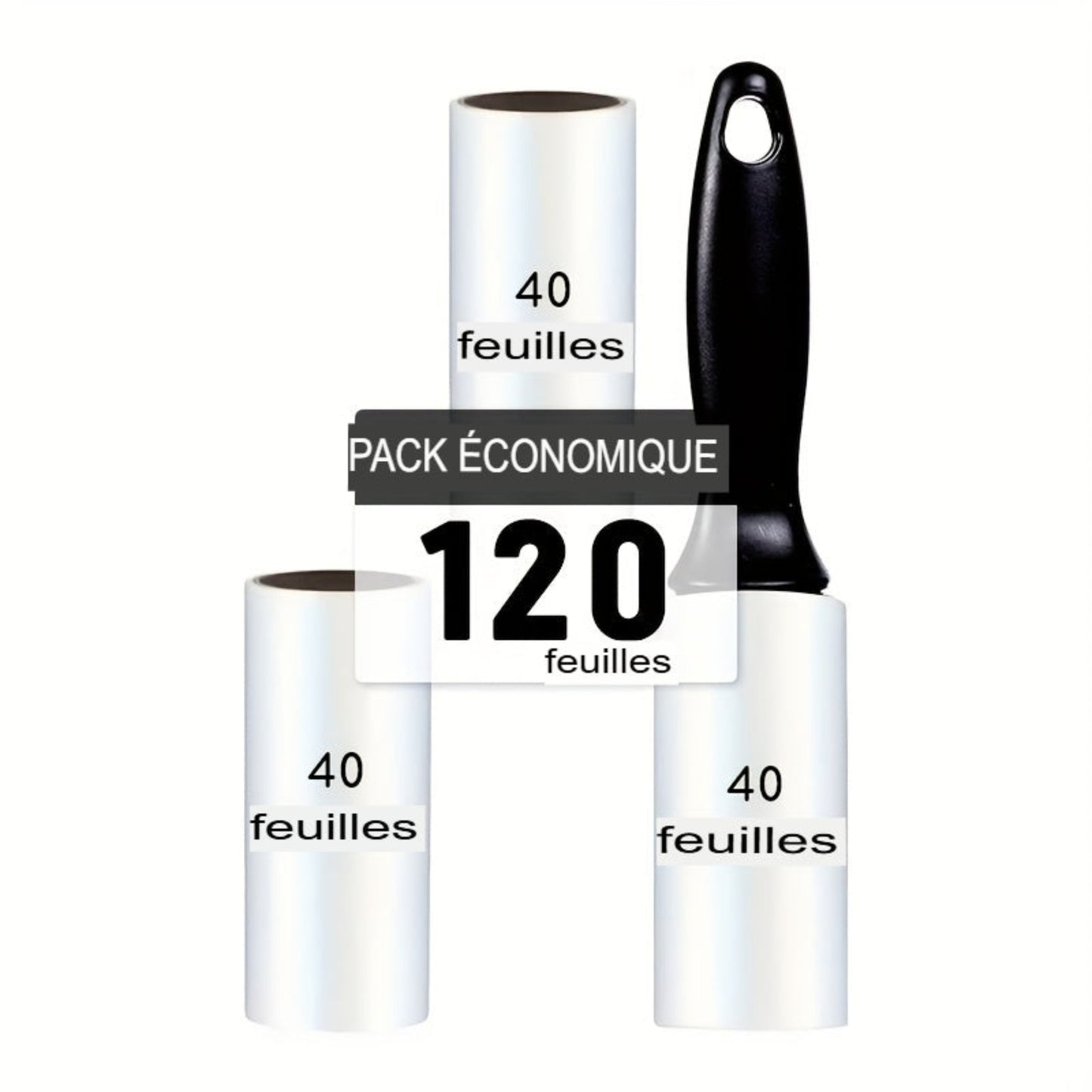 Rouleau anti‑peluches extra adhésif avec recharges 40/120/160/240 feuilles. Retire poils de chien et chat sur vêtements, meubles et tapis. Portable et facile à utiliser.