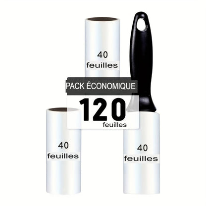 Rouleau anti‑peluches extra adhésif avec recharges 40/120/160/240 feuilles. Retire poils de chien et chat sur vêtements, meubles et tapis. Portable et facile à utiliser.