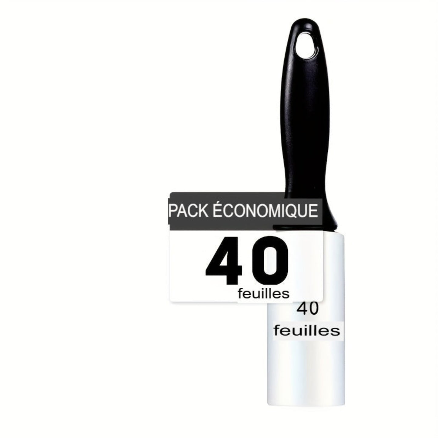 Rouleau anti‑peluches extra adhésif avec recharges 40/120/160/240 feuilles. Retire poils de chien et chat sur vêtements, meubles et tapis. Portable et facile à utiliser.