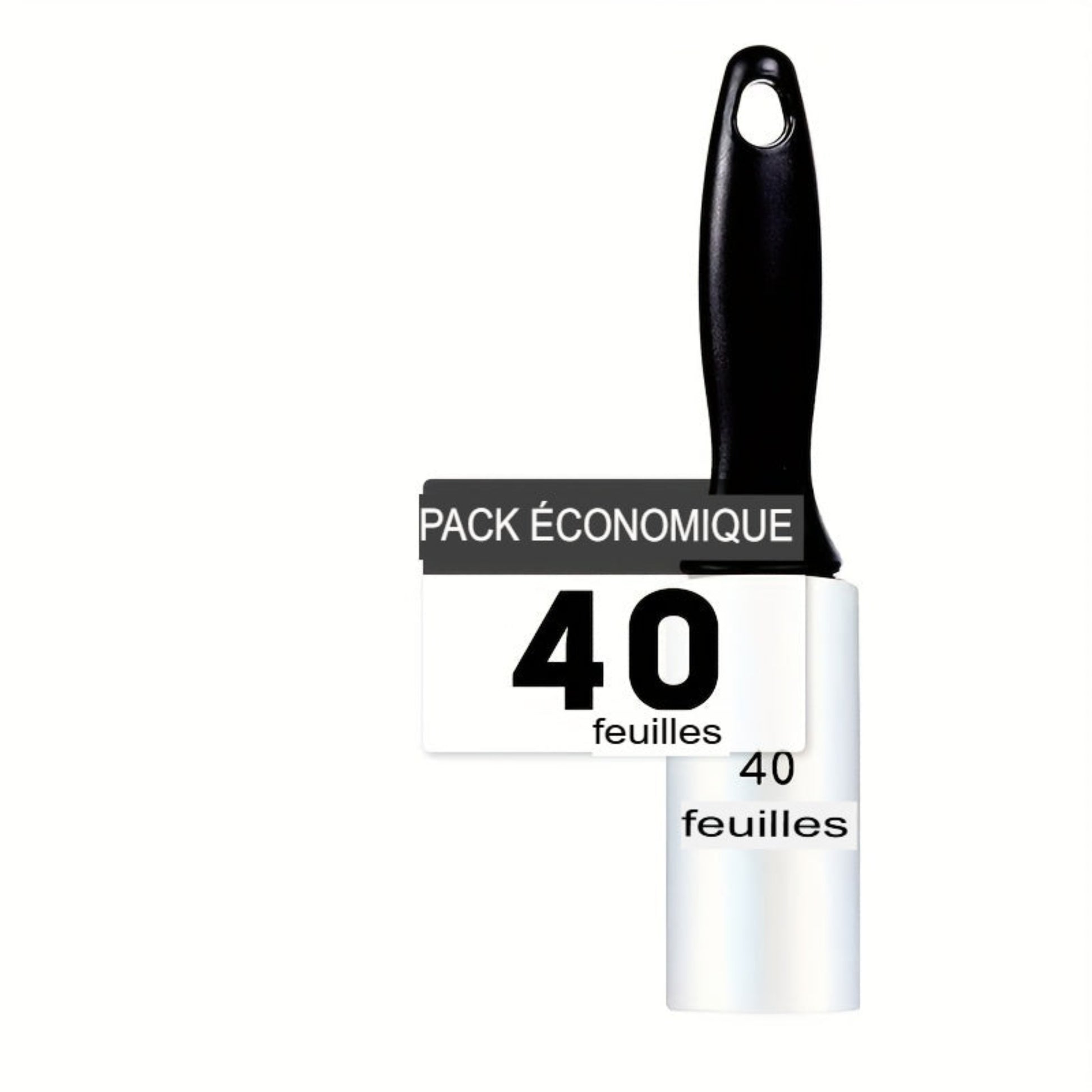 Rouleau anti‑peluches extra adhésif avec recharges 40/120/160/240 feuilles. Retire poils de chien et chat sur vêtements, meubles et tapis. Portable et facile à utiliser.