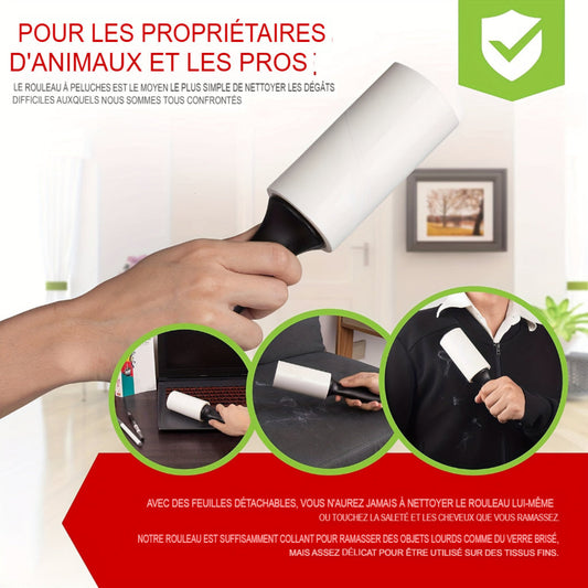 Rouleau anti‑peluches extra adhésif avec recharges 40/120/160/240 feuilles. Retire poils de chien et chat sur vêtements, meubles et tapis. Portable et facile à utiliser.