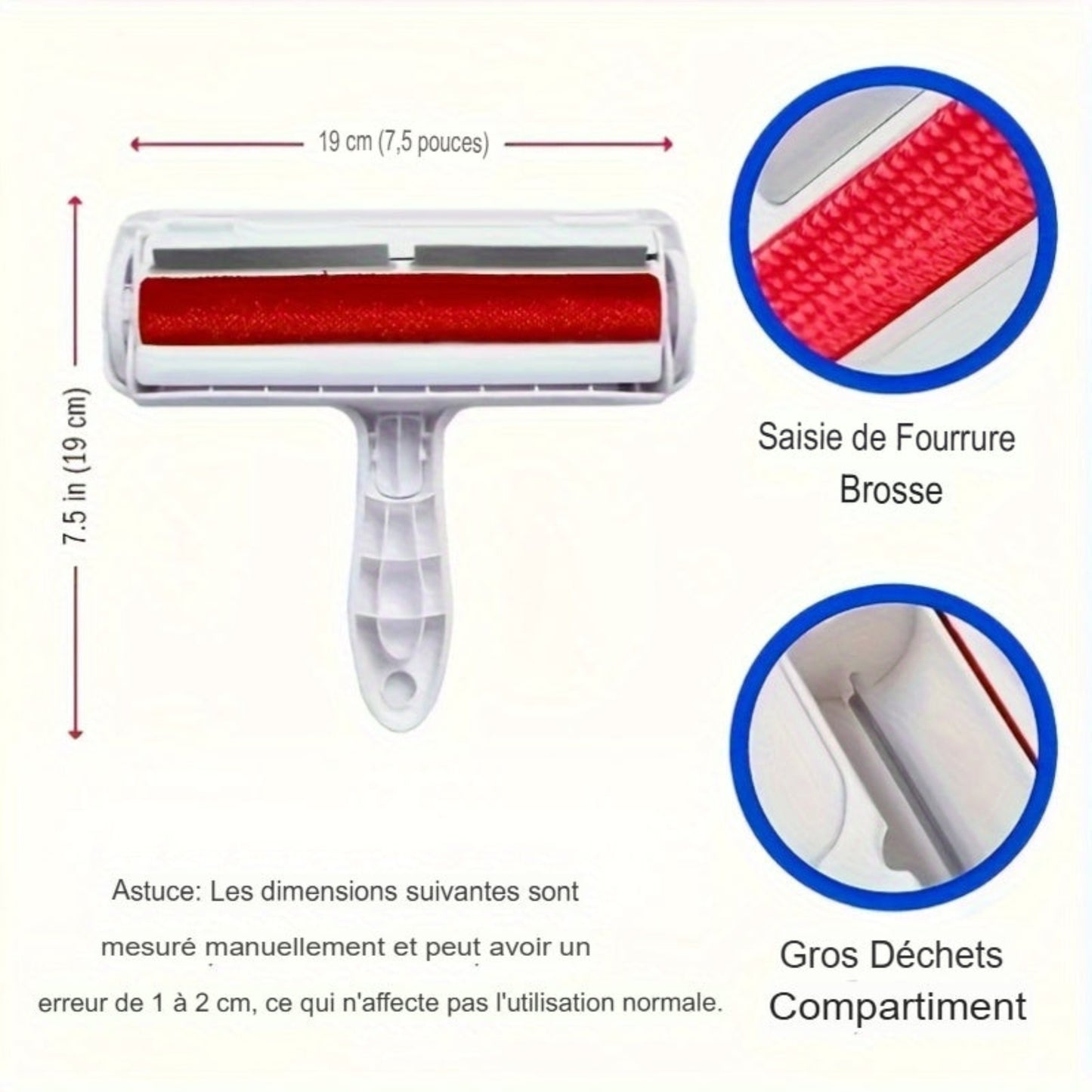 Rouleau de retrait des poils d’animaux, portable et réutilisable. Élimine les poils de chats et chiens sur canapés, tapis, literie et vêtements. Facile à nettoyer