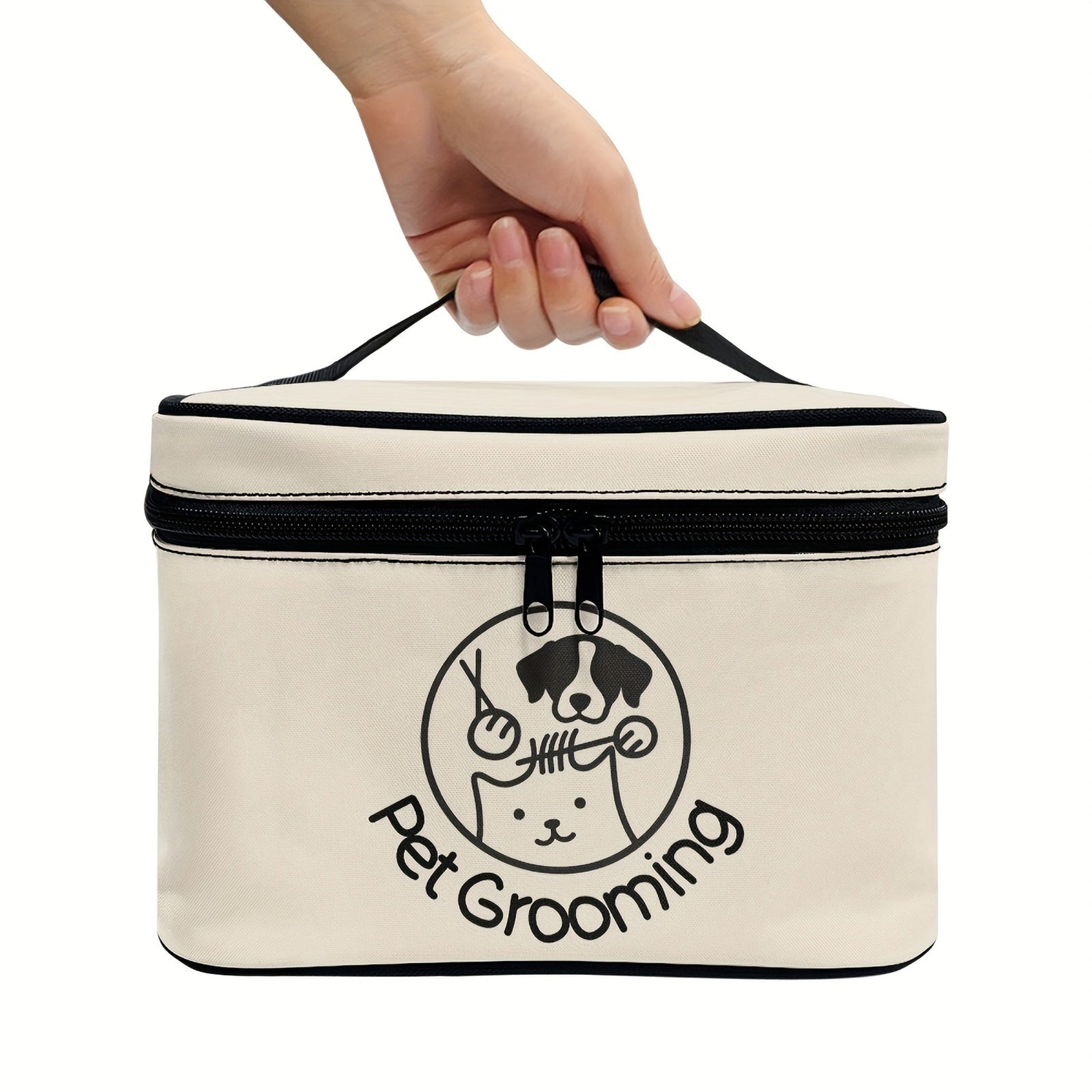 Sac de rangement pour kit de toilettage pour chiens et chats. Multi‑compartiments, poignée supérieure, double fermeture éclair sécurisée. Idéal maison & voyage. Design chien ludique.