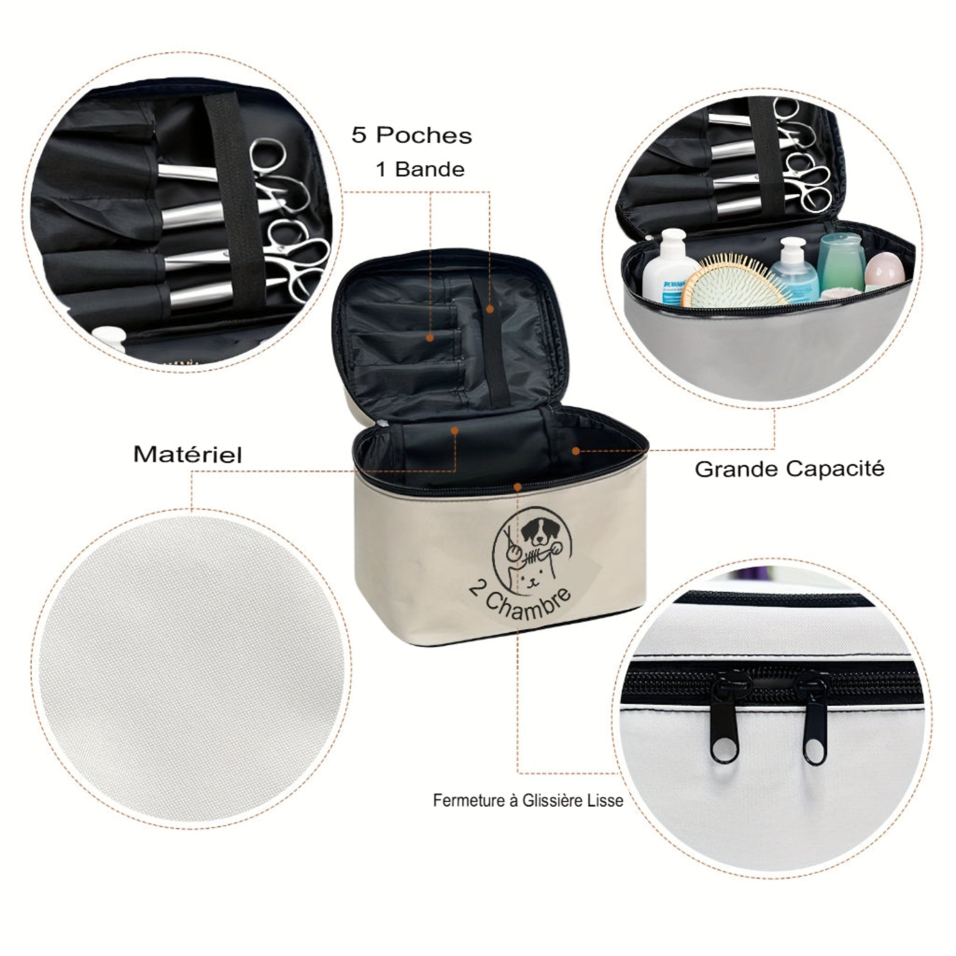 Sac de rangement pour kit de toilettage pour chiens et chats. Multi‑compartiments, poignée supérieure, double fermeture éclair sécurisée. Idéal maison & voyage. Design chien ludique.