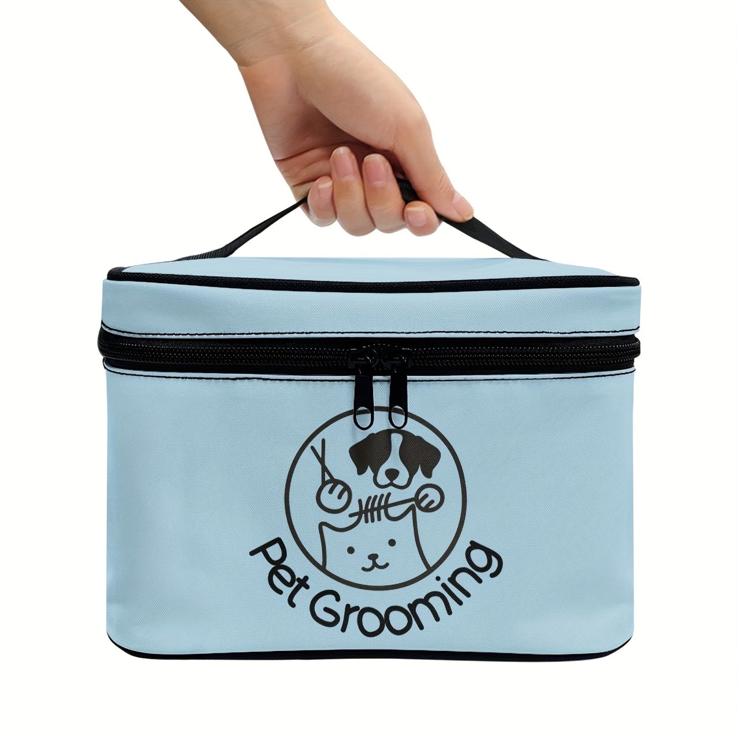 Sac de rangement pour kit de toilettage pour chiens et chats. Multi‑compartiments, poignée supérieure, double fermeture éclair sécurisée. Idéal maison & voyage. Design chien ludique.