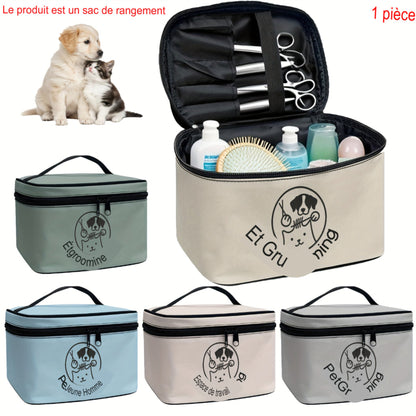 Sac de rangement pour kit de toilettage pour chiens et chats. Multi‑compartiments, poignée supérieure, double fermeture éclair sécurisée. Idéal maison & voyage. Design chien ludique.