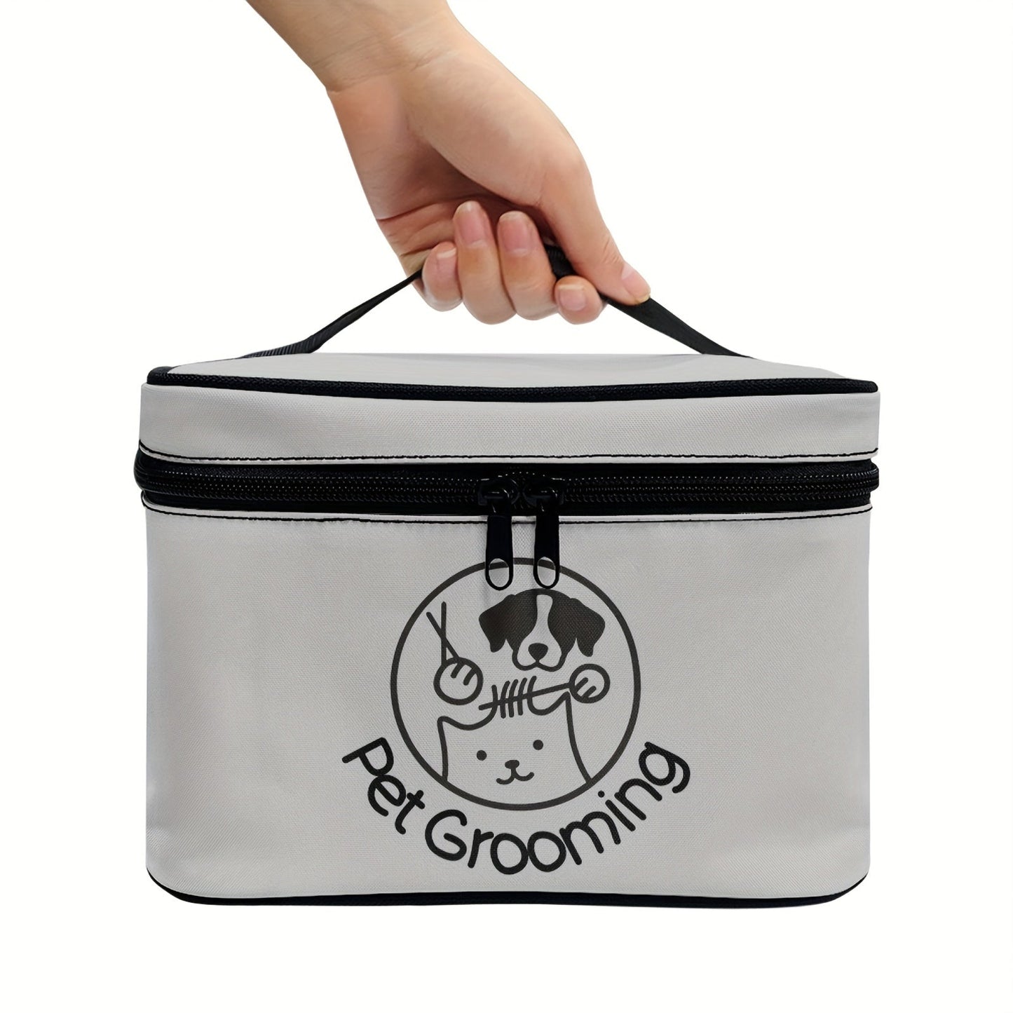 Sac de rangement pour kit de toilettage pour chiens et chats. Multi‑compartiments, poignée supérieure, double fermeture éclair sécurisée. Idéal maison & voyage. Design chien ludique.