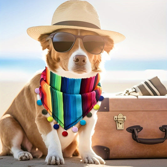 Bandana multicolore pour chien style Fiesta avec pompons, foulard triangulaire réglable