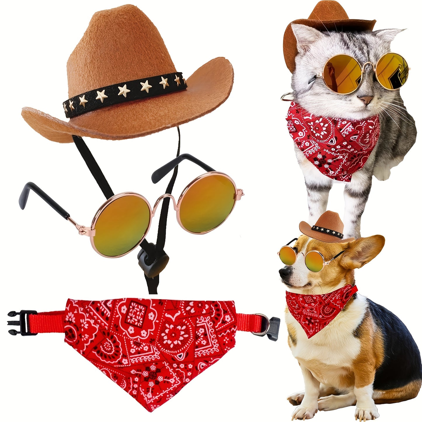 Costume de cowboy pour chien et chat avec chapeau en feutre, bandana rouge et lunettes jaunes dégradées