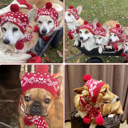 Chapeau et écharpe d’hiver rouges et blancs pour chien et chat avec motifs flocon et renne