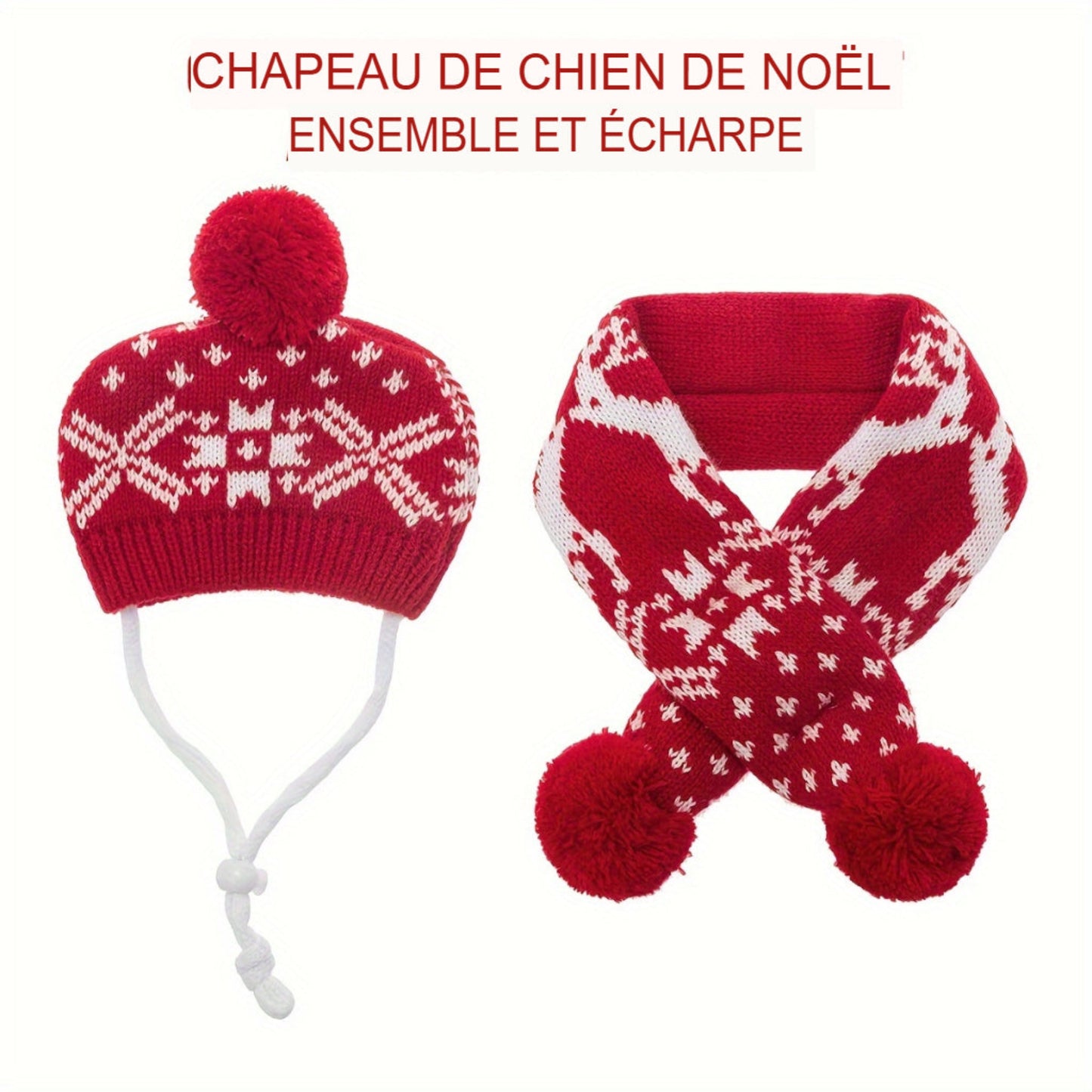 Chapeau et écharpe d’hiver rouges et blancs pour chien et chat avec motifs flocon et renne