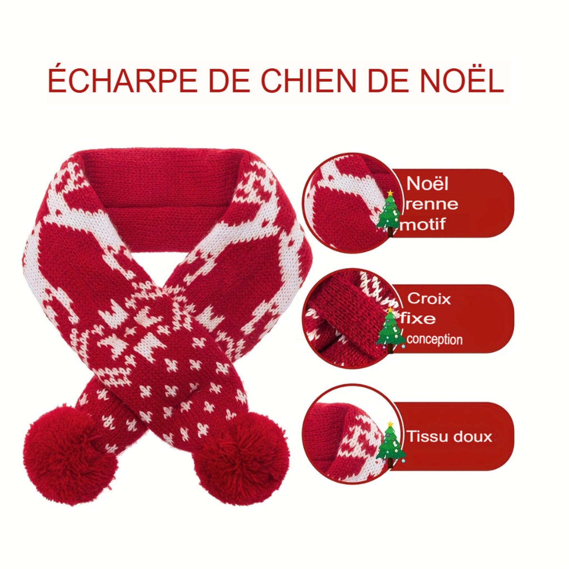 Chapeau et écharpe d’hiver rouges et blancs pour chien et chat avec motifs flocon et renne